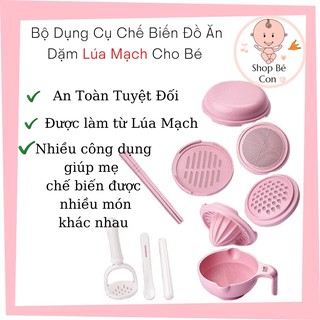 Bộ Dụng Cụ Chế Biến Ăn Dặm Lúa Mạch Kiểu Nhật Cho Bé 10-15 Chi Tiết Bát Thìa Nghiền Thức Ăn Khay Chén Đũa Rây Cao Cấp