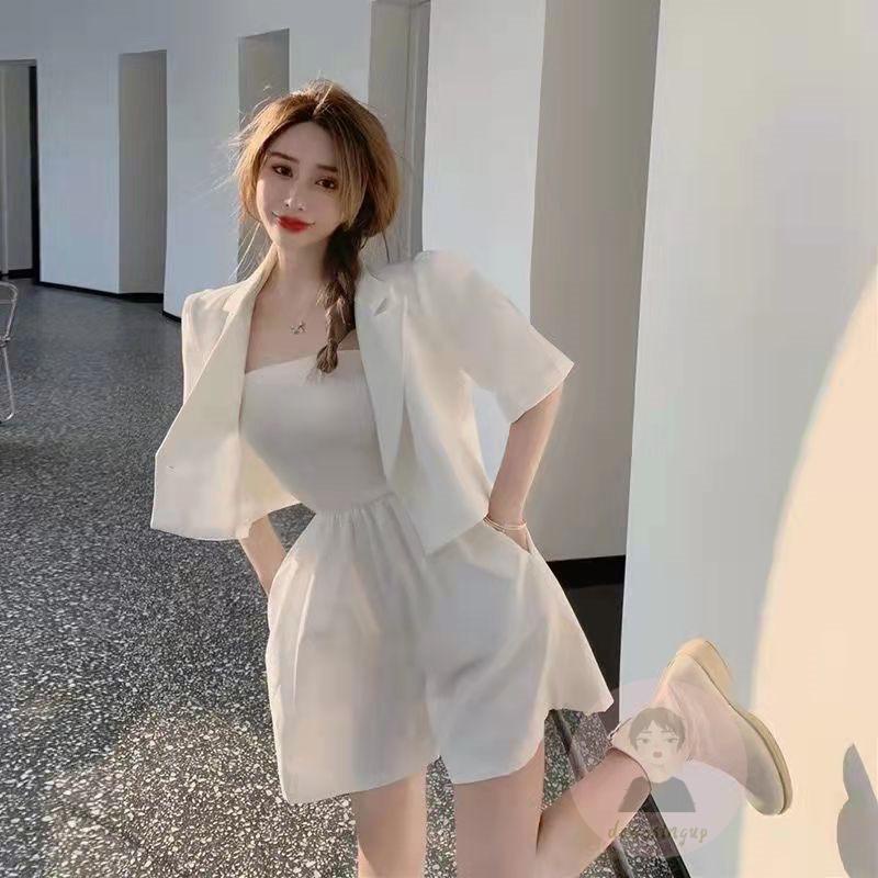 Bộ Áo Khoác Blazer Ngắn Tay Màu Trơn Phối Quần Đen Thời Trang Cho Nữ