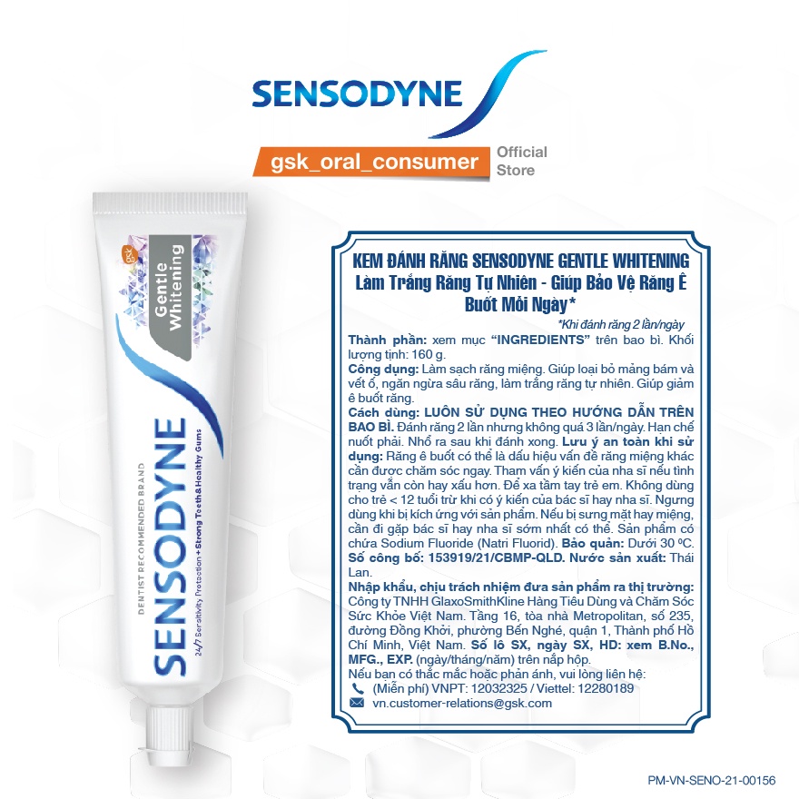 Bộ 2 Kem đánh răng giúp làm trắng răng SENSODYNE Gentle Whitening 160g/tuýp