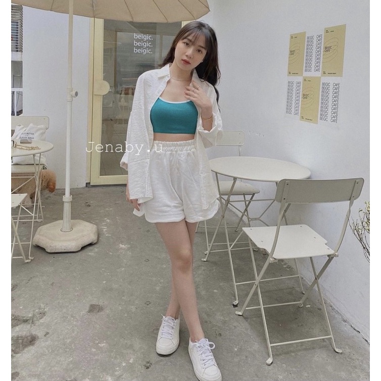 set 3 món xanh lá: Áo sơ mi + short + bra