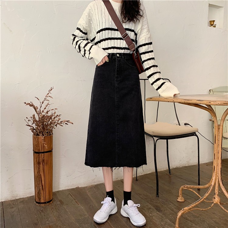 Chân váy XIAOZHAINV vải denim dáng chữ A lưng cao thời trang dành cho nữ