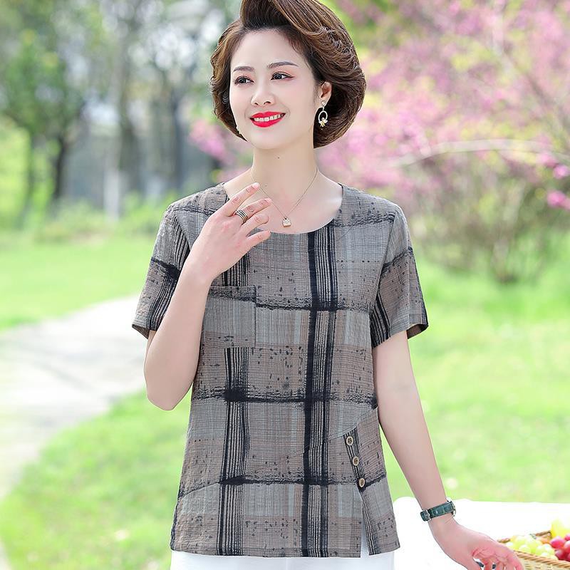 Áo Thun Cotton Lanh Ngắn Tay Kẻ Sọc Cho Phụ Nữ Trung Niên 40 Tuổi