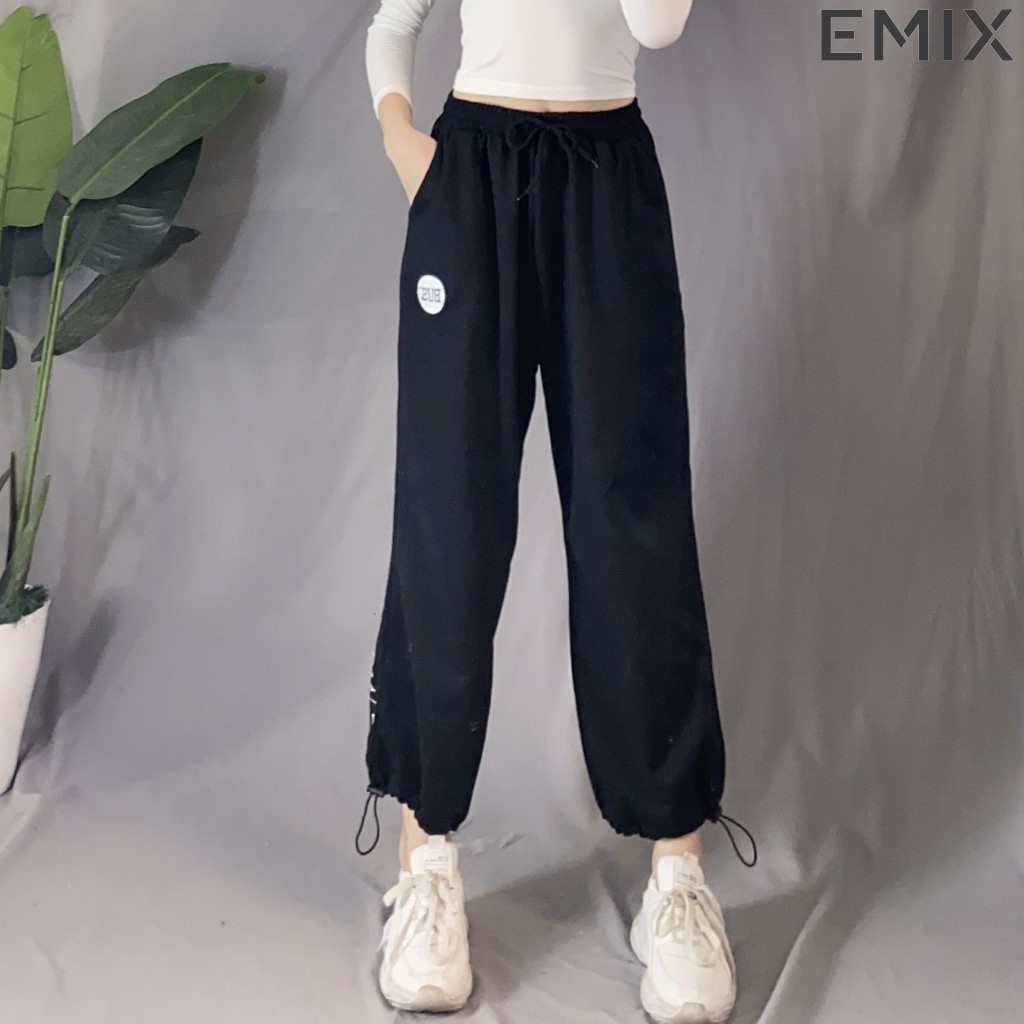Quần nỉ nữ ống rộng EMIX (màu đen, dáng dài, lưng chun, bo gấu, form thụng, vải nỉ, mềm mịn, không bai xù