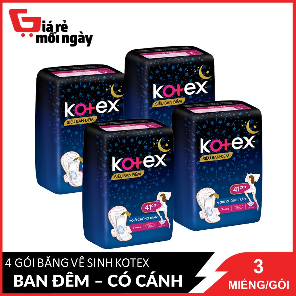 Combo 4 Băng Vệ Sinh Có Cánh 41cm Kotex Siêu Ban Đêm 9 Giờ Chống Tràn 3 miếng