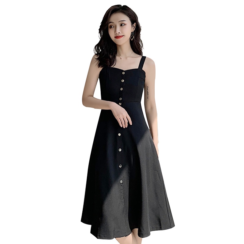 Đầm maxi hai dây Perty màu đen thời trang mùa hè quyến rũ cho nữ