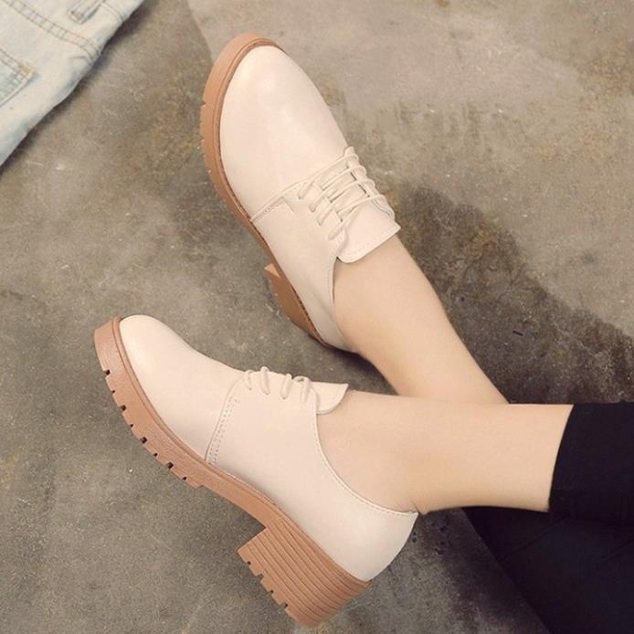 Giày oxford nữ đế thô 4 phân S162 đế vuông chắc, cột dây, cổ ngắn, trắng đen -v1