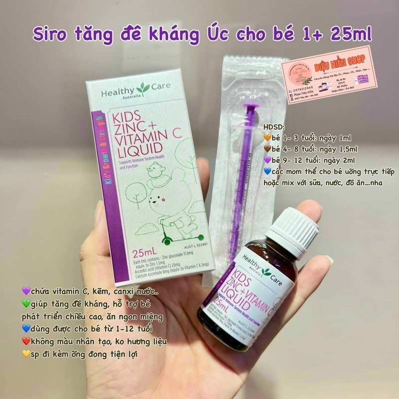 Kẽm nước Healthy Care Kids Zinc + vitamin C Liquid 25ml cho bé