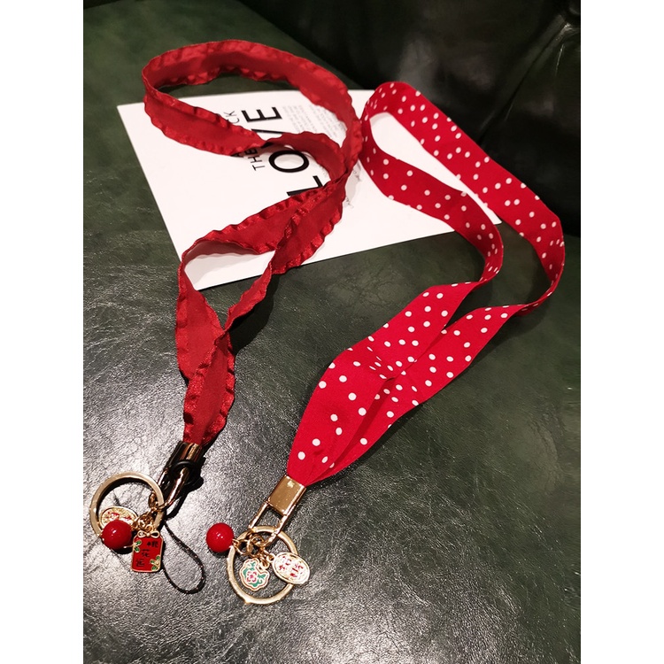 Dây đeo điện thoại/thẻ ID màu đỏ phong cách Trung Hoa truyền thống