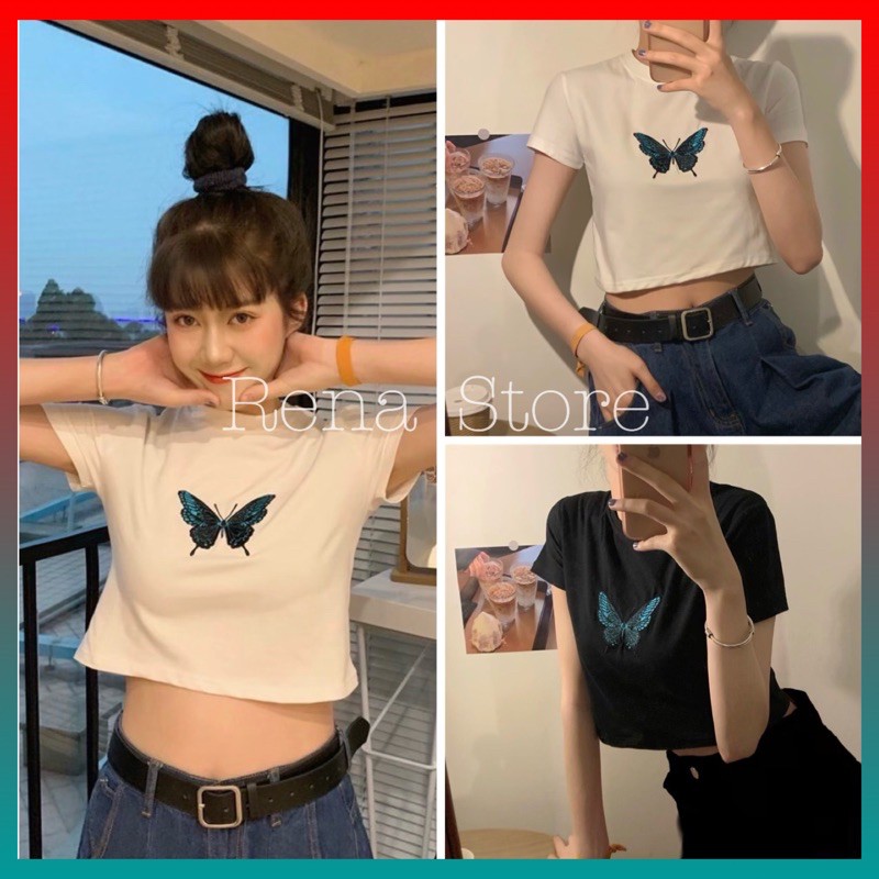 Áo Croptop ❤️Sale❤️ Áo cộc tay vải thun co dãn,thun body ngắn tay lửng cổ tròn thêu bướm