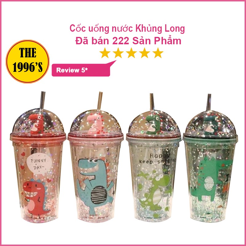 Cốc giữ nhiệt hình khủng long 450ml 2 lớp - Tặng kèm ống hút nước