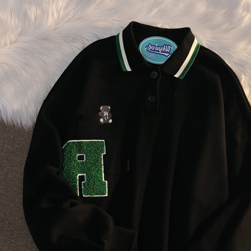 Áo Polo Sweater Nam Nữ Chữ P Cổ Bẻ Viền Tay Bồng Túi Ngực Con Gấu Uzzlang Unisex