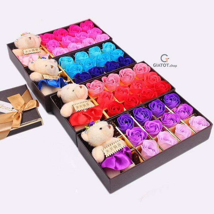 Hộp 12 Hoa Hồng Sáp Thơm Kèm Gấu Bông, hoa hồng mạ 24k - Qùa tặng ý nghĩa ngày 20/10