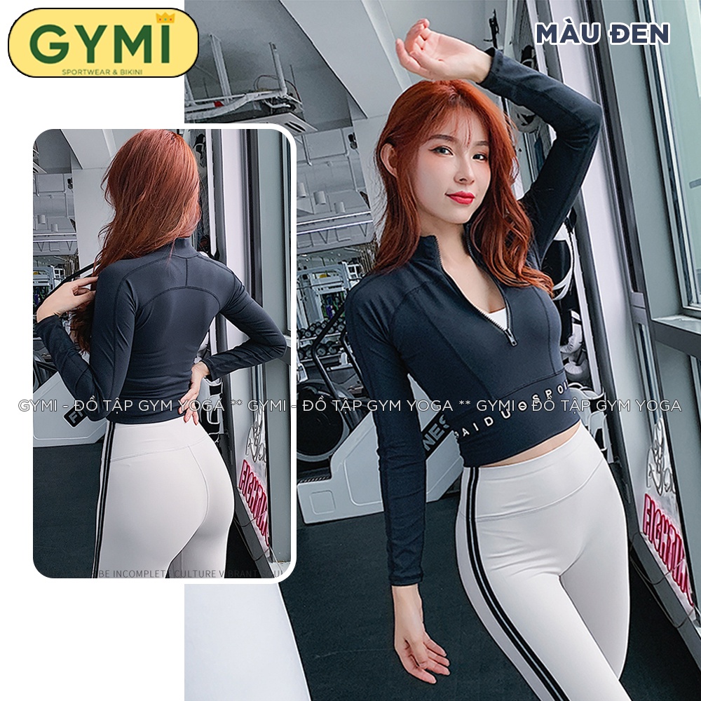 Áo tập gym yoga nữ dài tay GYMI AD13 dáng croptop thể thao có khoá kéo chất thun poly mịn mát co giãn