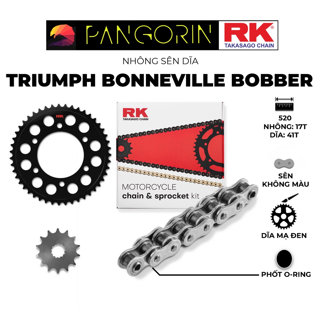 Nhông Sên Dĩa RK Takasago Triumph Bonneville Bobber - Nhông Dĩa thép đen - Sên 520-KLO2, màu xám, phốt O-ring