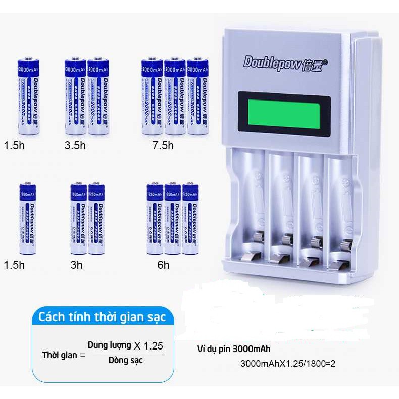 Bộ sạc pin đa năng tốc độ cao thông minh tự ngắt, màn hình LCD báo dung lượng Doublepow DP-K98