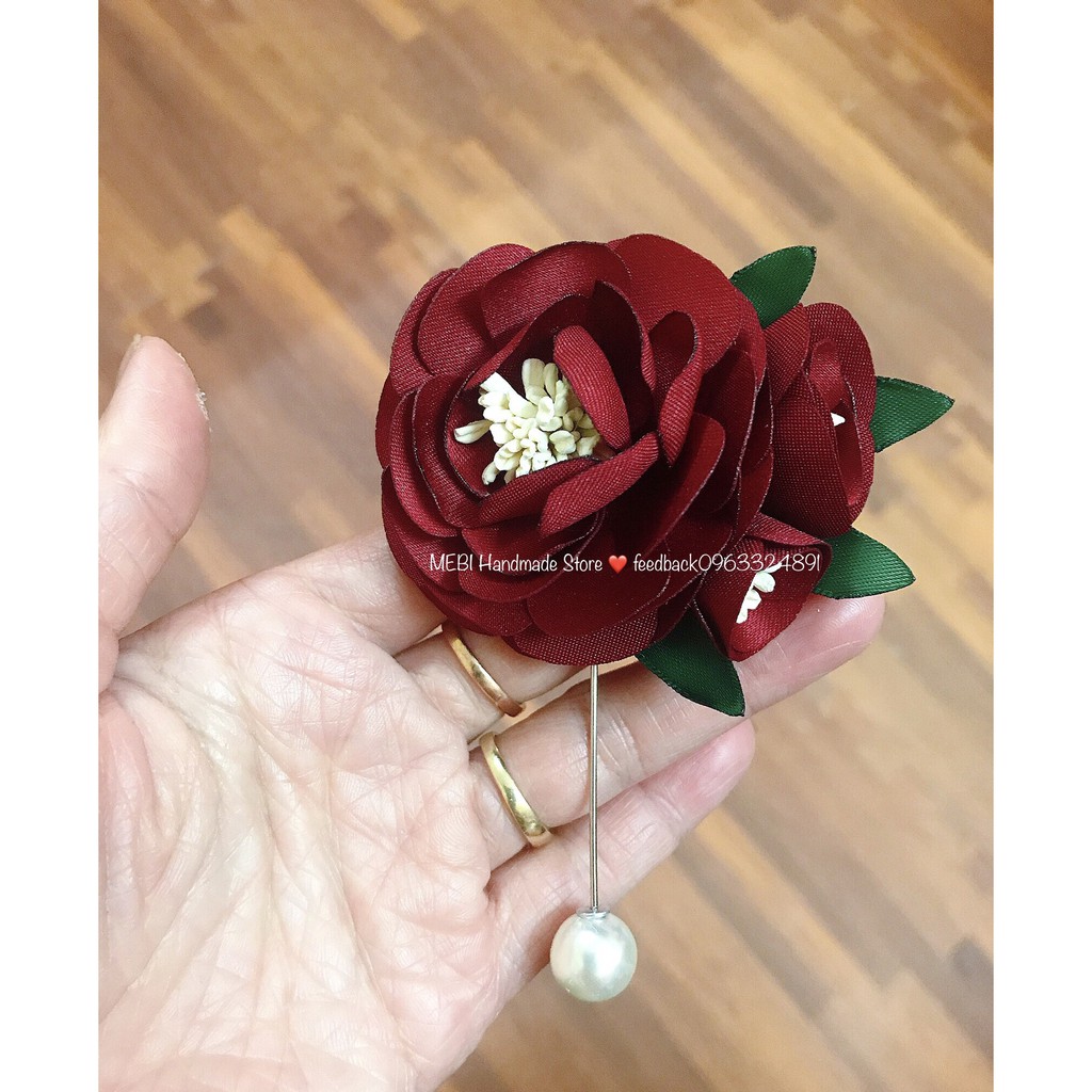 (Ảnh thật 100%) Hoa cài áo handmade (mẫu hoa hồng 2 nụ)