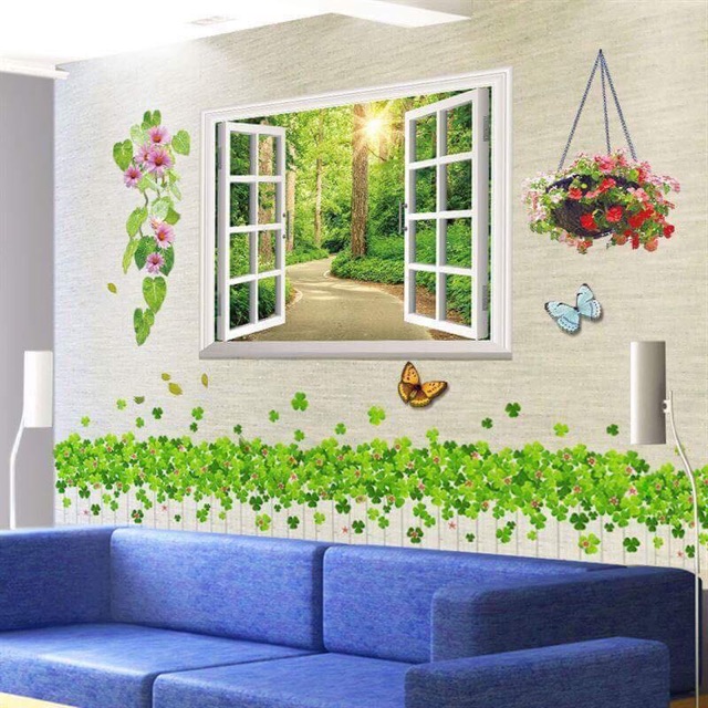 Decal trang trí tường - Cửa Sổ con đường Cong và hàng rào trắng Cỏ may mắn ( 2 TẤM )