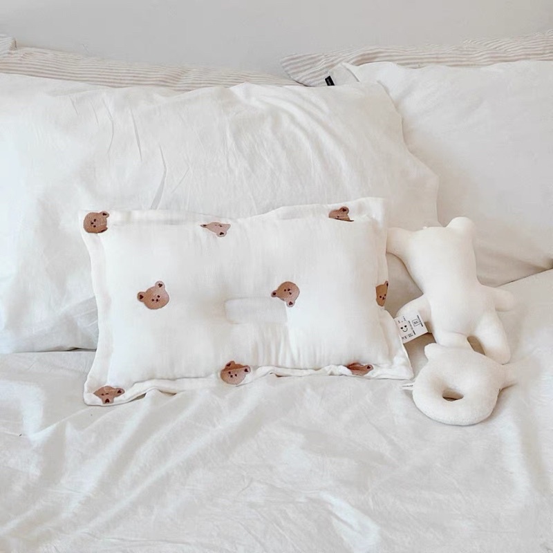 Gối Xô Chống Bẹp Đầu Organic KAMIMI Cao Cấp Thêu Gấu Style Hàn Quốc Cho Bé KT 39x25cm