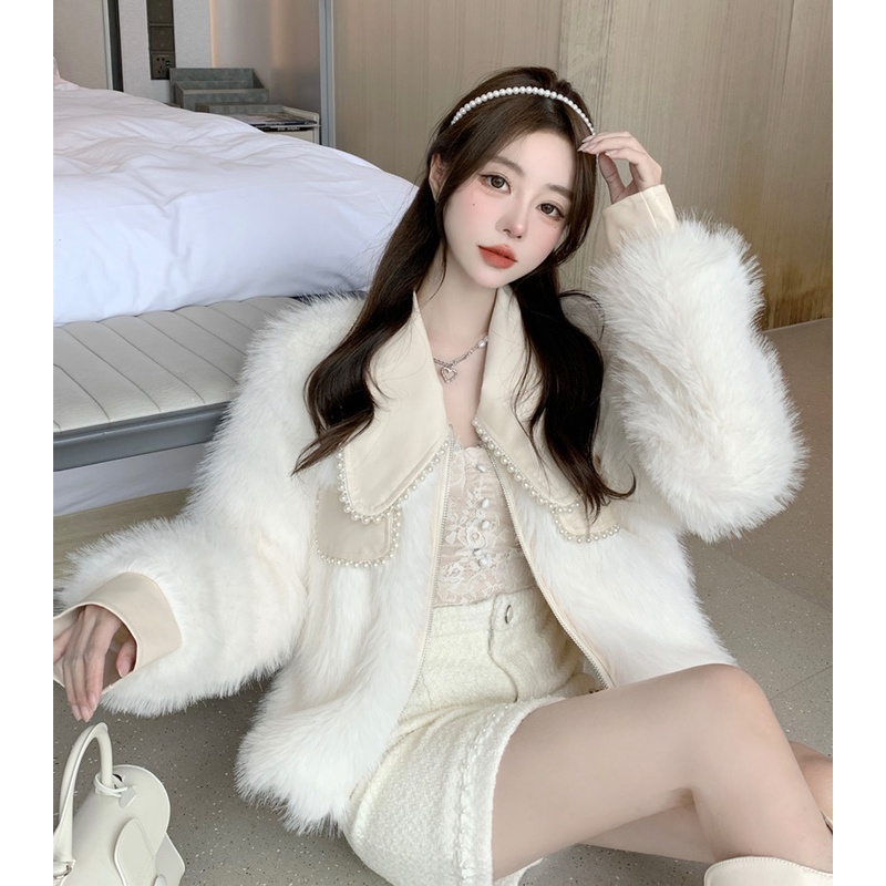 𝐎𝐑𝐃𝐄𝐑. Áo Khoác Lông Cổ Da Đính Ngọc Kiểu Dáng Babie