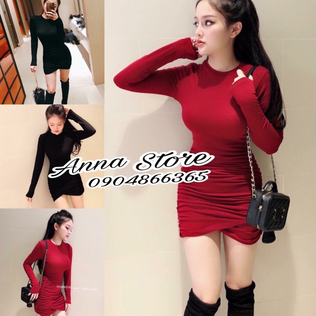 Váy body cổ tròn đáp vạt rúm chun váy body sang chảnh Annastore