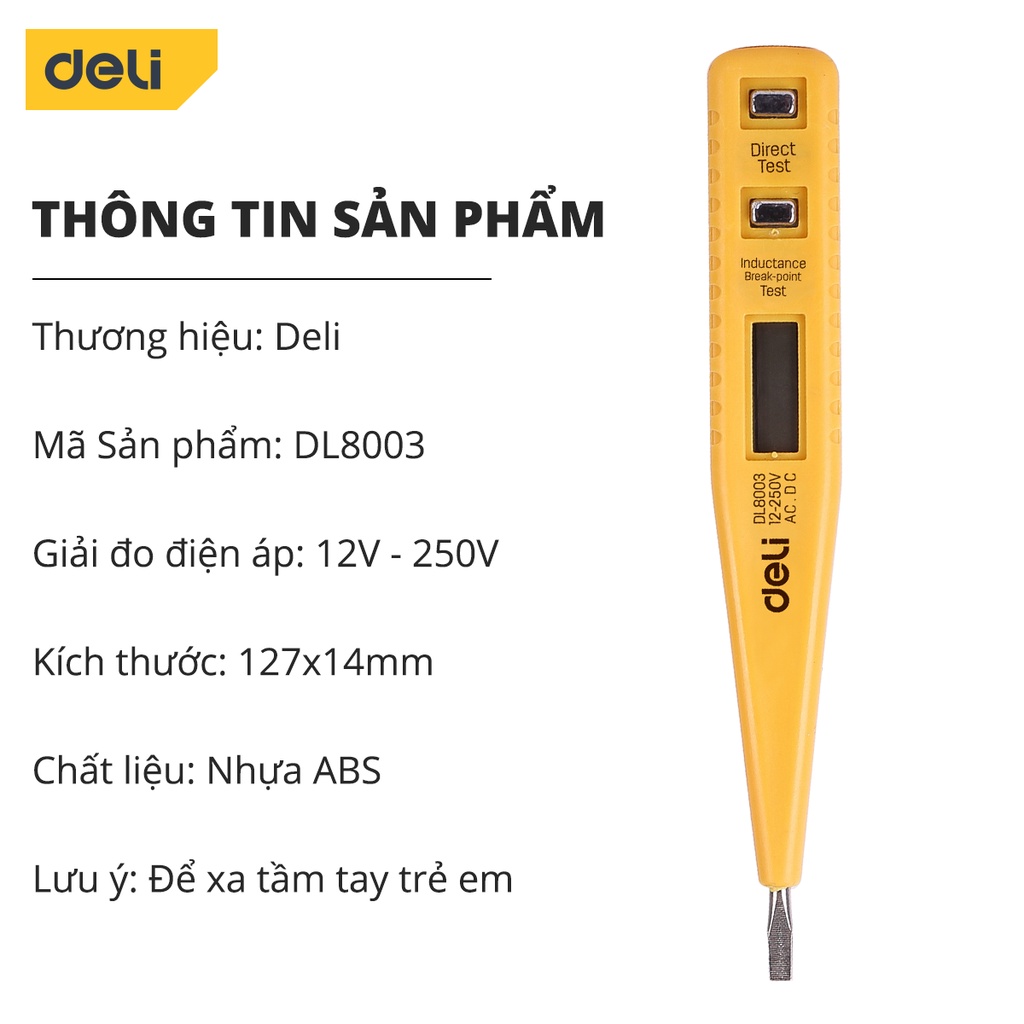 Bút Thử Điện Deli Chính Hãng 12-250V - Màn Hình Hiển Thị LED Kỹ Thuật Số Thuận Tiện - Vỏ Bút An Toàn - DL8005 / EDL8003