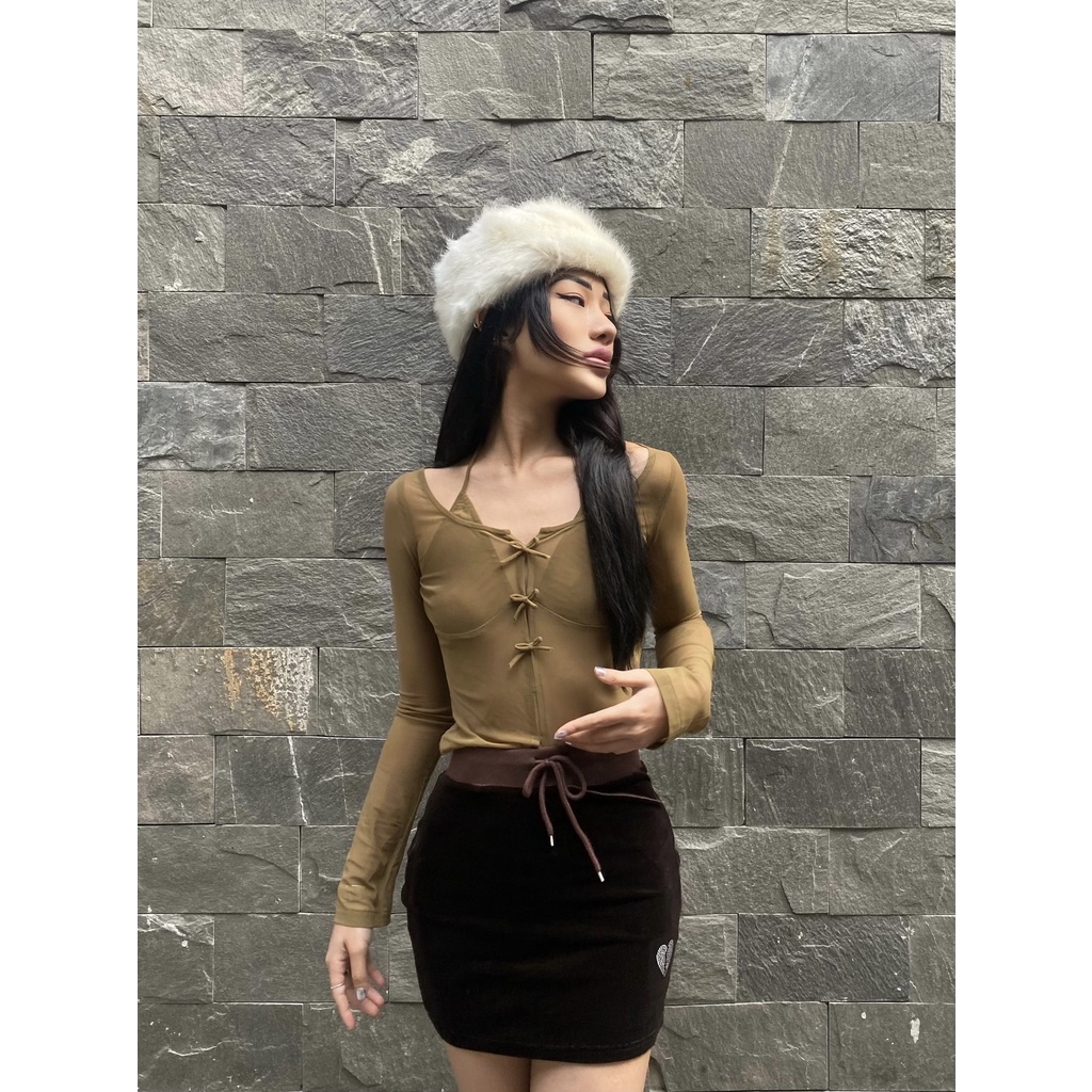 TMRSTUDIOS  - ÁO TAY DÀI LƯỚI ĐÍNH NƠ NHỎ NHẮN XINH XẮN - TINYBOW TOP