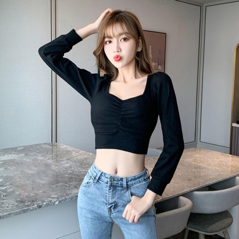[Baywellfashion]Retro Square Collar Elastic Tight  Long Sleeve Crop Tops | BigBuy360 - bigbuy360.vn