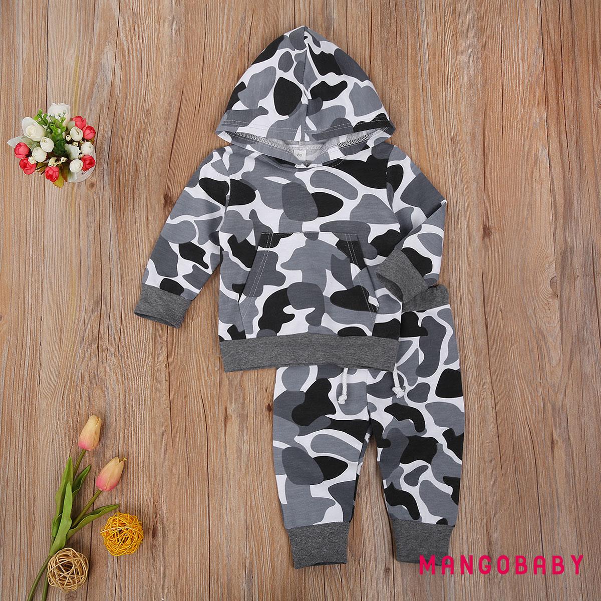 Set Áo Hoodies Có Nón Dài Tay + Quần Dài Lưng Thun Họa Tiết Camo Thời Trang Cho Bé Trai