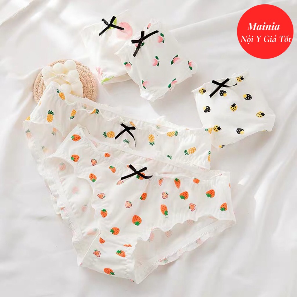 [Có Bigsize] Quần Lót Cotton Nữ Dễ Thương Hoạ Tiết Dâu Tây Đính Nơ Co Giãn Cao Cấp Loại 1 Mainia Shop