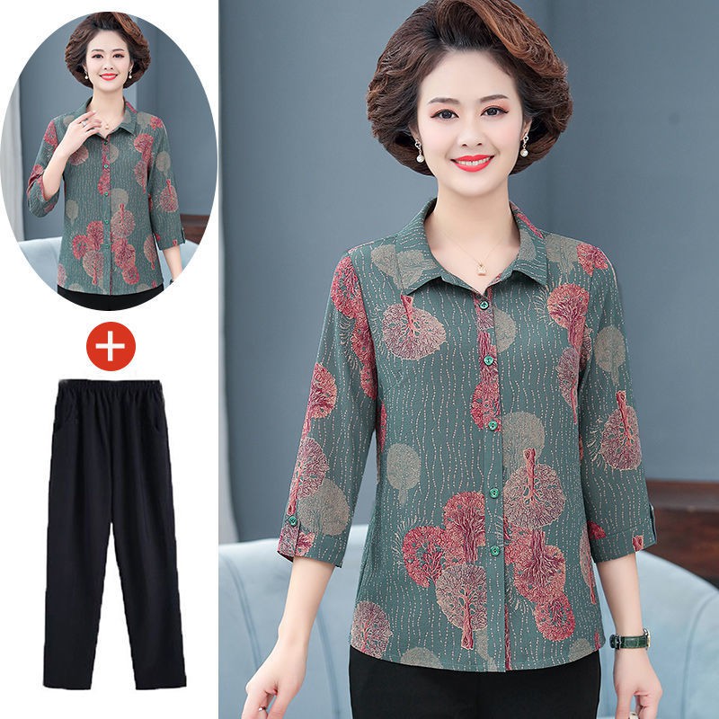 Áo sơ mi lụa băng ngắn tay mùa hè của mẹ Bộ đồ hai mảnh cho phụ nữ 40 tuổi 50 thời trang cao cấp trung ni