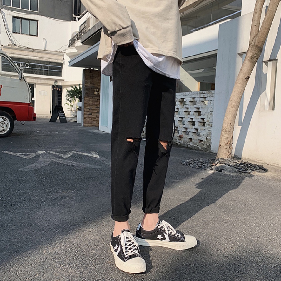 [Tiền Nào Của Đấy]Quần Jeans Nam Rách Gối Màu Đen Vải Co Giãn, Không Phai Màu Dáng Skinny Phong Cách Hàn Quốc-J04