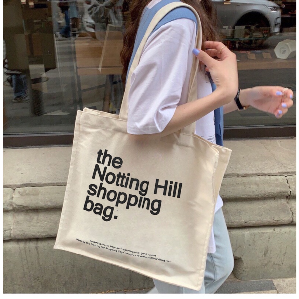 Túi tote HAZIN thết kế đáy vuông vải canvas ulzzang unisex in chữ Notting Hill có túi nhỏ bên trong HZ06