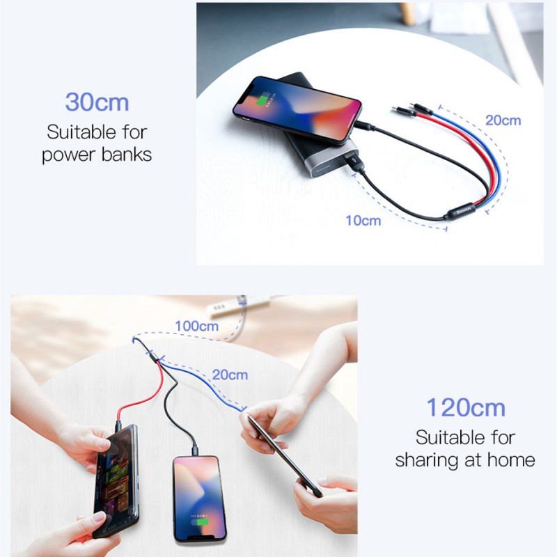 Cáp sạc 3 đầu baseus - dây 3in1 ip micro usb type c bọc dù siêu bền đa năng choip xiaomi samsumg huawei oppo ....