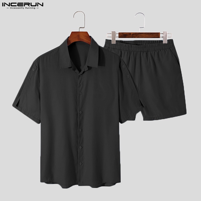 INCERUN Bộ Áo Sơ Mi Ngắn Tay+Quần Short 3 Màu Thời Trang Mùa Hè Cho Nam