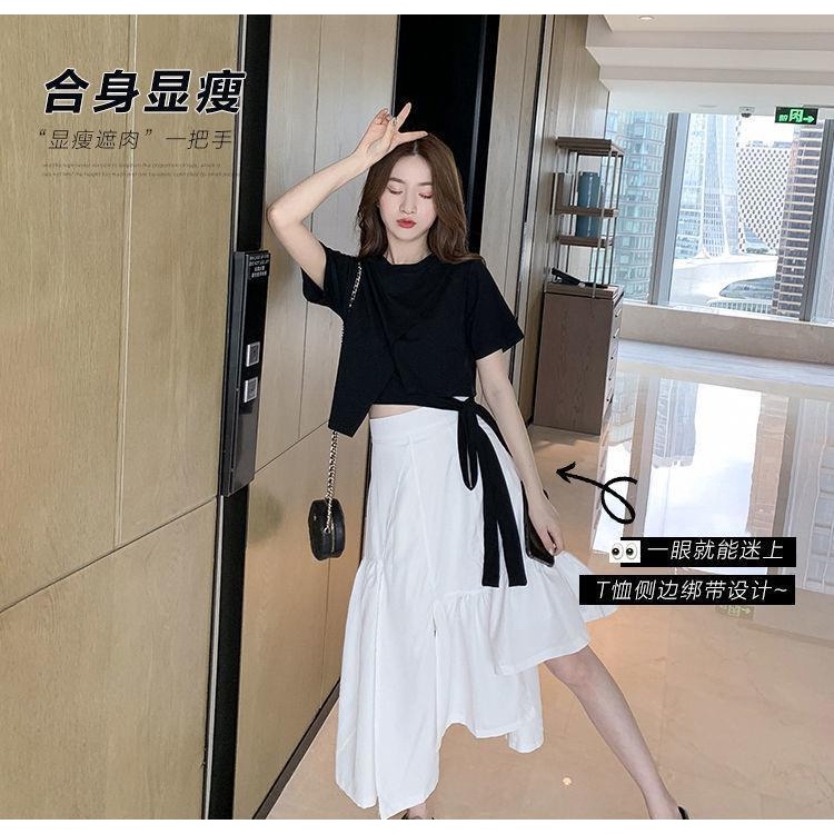 Bộ Áo Thun + Chân Váy Lưng Cao Phối Ren Xinh Xắn Thời Trang Cho Nữ