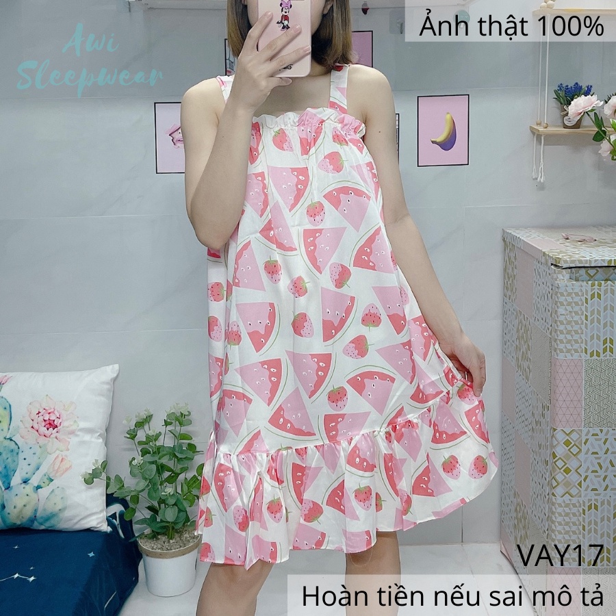 Váy Ngủ 2 Dây Hình Dưa Hấu Dễ Thương Chất Satin Mát Lạnh - Awi Sleepwear