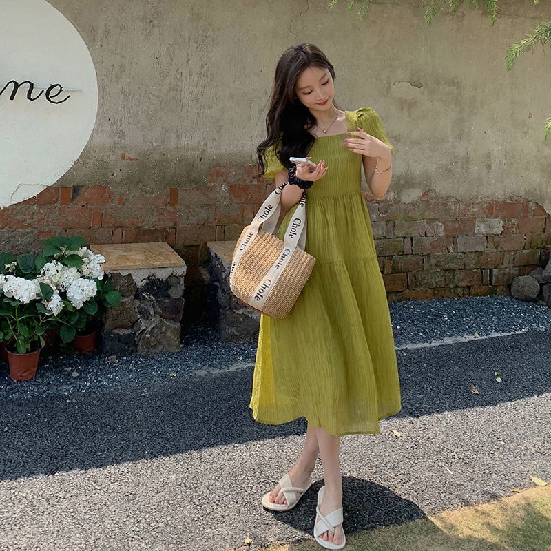 Đầm Cổ Vuông Xếp Ly Dáng Dài Màu Xanh Lá Phong Cách Retro Pháp Thời Trang Mùa Hè Hàng Mới 2022