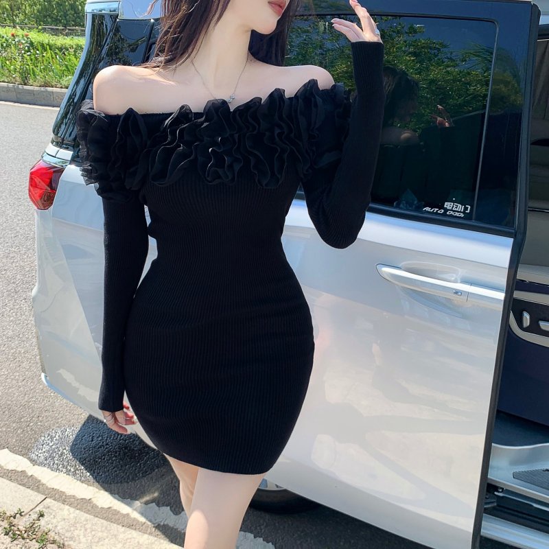 Đầm nữ dệt kim trễ vai tay dài dáng ôm thời trang phong cách Trung Hoa