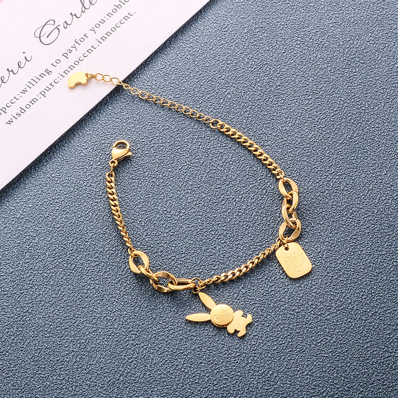 Vòng đeo tay bằng thép titan mạ vàng 18K hình thỏ dễ thương phong cách Nhật Bản cho nữ