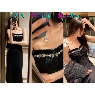 Đầm đen dự tiệc sexy dáng dài 2 dây xếp ly ngực đính hạt lấp lánh