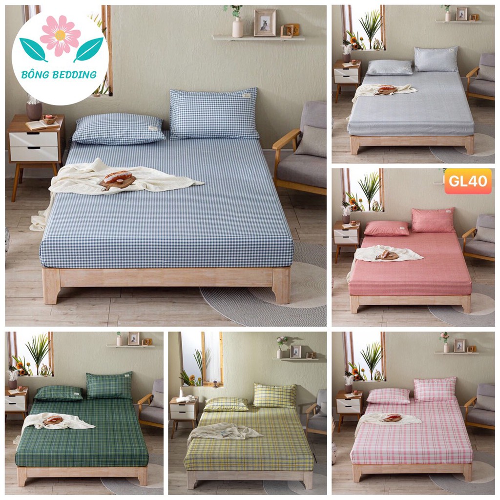 Bộ ga giường và vỏ gối cotton tici Bông Bedding CTC44 sọc caro đủ size nệm 1m2, 1m4, 1m6, 1m8, 2m cực đẹp