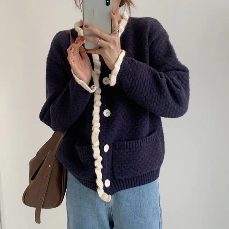 Áo khoác Cardigan dệt kim cổ tròn tay dài dáng rộng phong cách Hàn Quốc mới