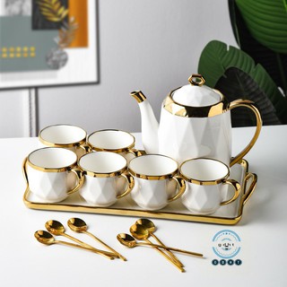 Bộ bình cốc sứ trắng K055 kèm khay sứ cao cấp vân kim cương