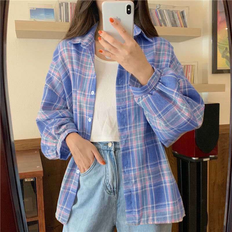 Áo Sơ Mi Tay Dài Dáng Rộng Họa Tiết Kẻ Ô Thời Trang Hàn Quốc Cho Nữ JL-CX-27