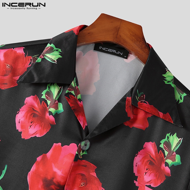 Áo sơ mi INCERUN ngắn tay in họa tiết phối nút thời trang cho nam