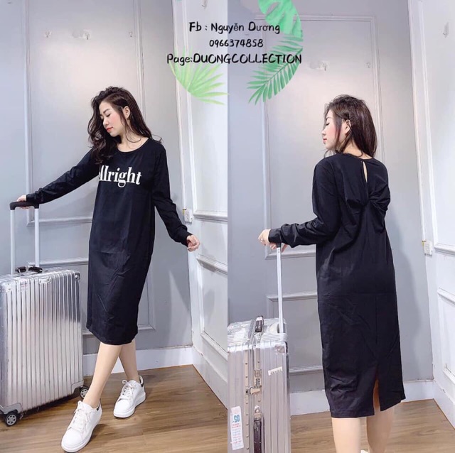 Váy suông xoắn lưng dài tay in chữ Alright chất cottong | BigBuy360 - bigbuy360.vn