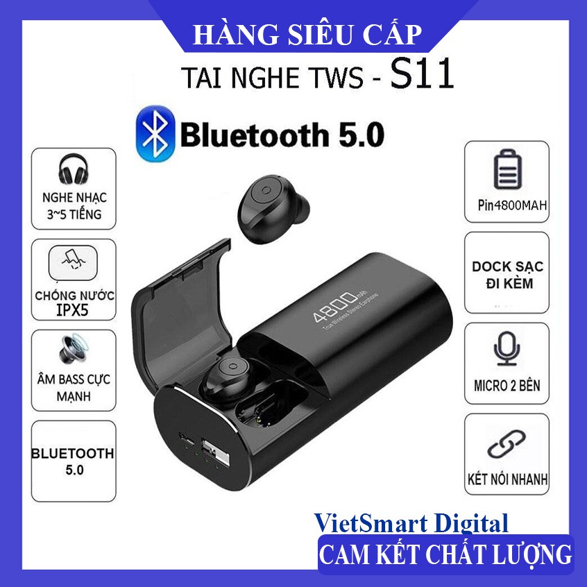 Tai Nghe Bluetooth, Tai Nghe Không Dây 5.0 Kiêm Sạc Dự Phòng S11 Chất Lượng Cao, Chống Nước IPX5.