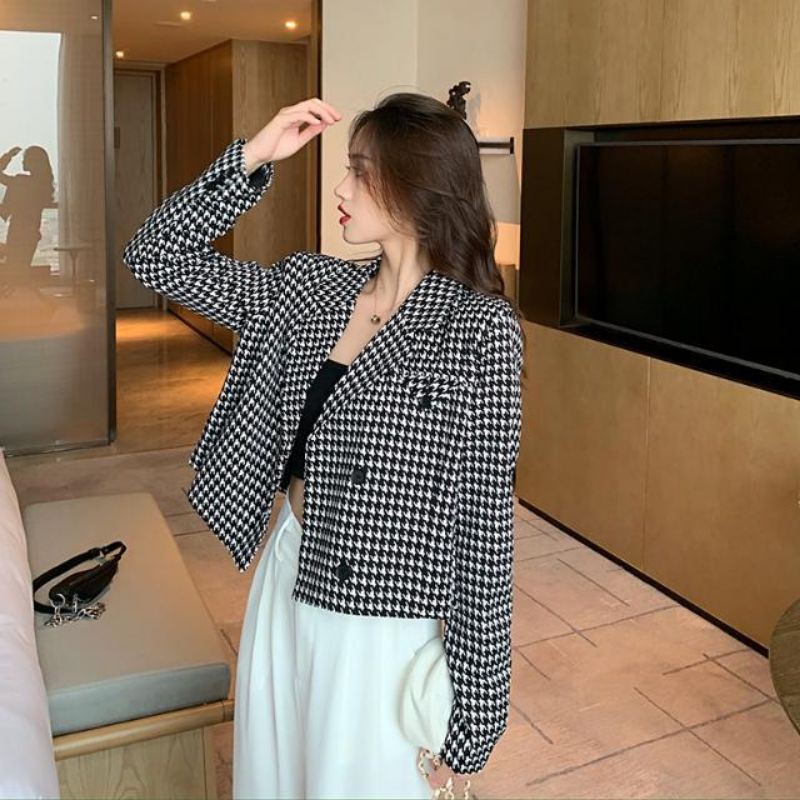 [ORDER] Áo khoác blazer Quảng Châu kẻ caro dáng ngắn thời trang có size cài khuy có lớp lót ( ảnh thật)