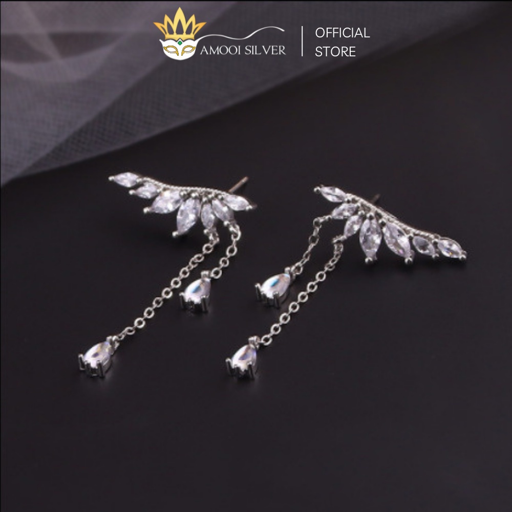 Bông Tai Bạc S925 Khuyên Vành Tai Mẫu Đôi Cánh Đính Đá Tua Rua - Amooi Silver AB74