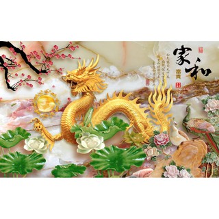 Tranh dán tường VTC Tranh Phong thủy chim công và rồng vàng UD1151 kim sa